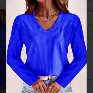 Vibrant Royal Blue Solid Color V-Neck T-Shirt Size M NIB
